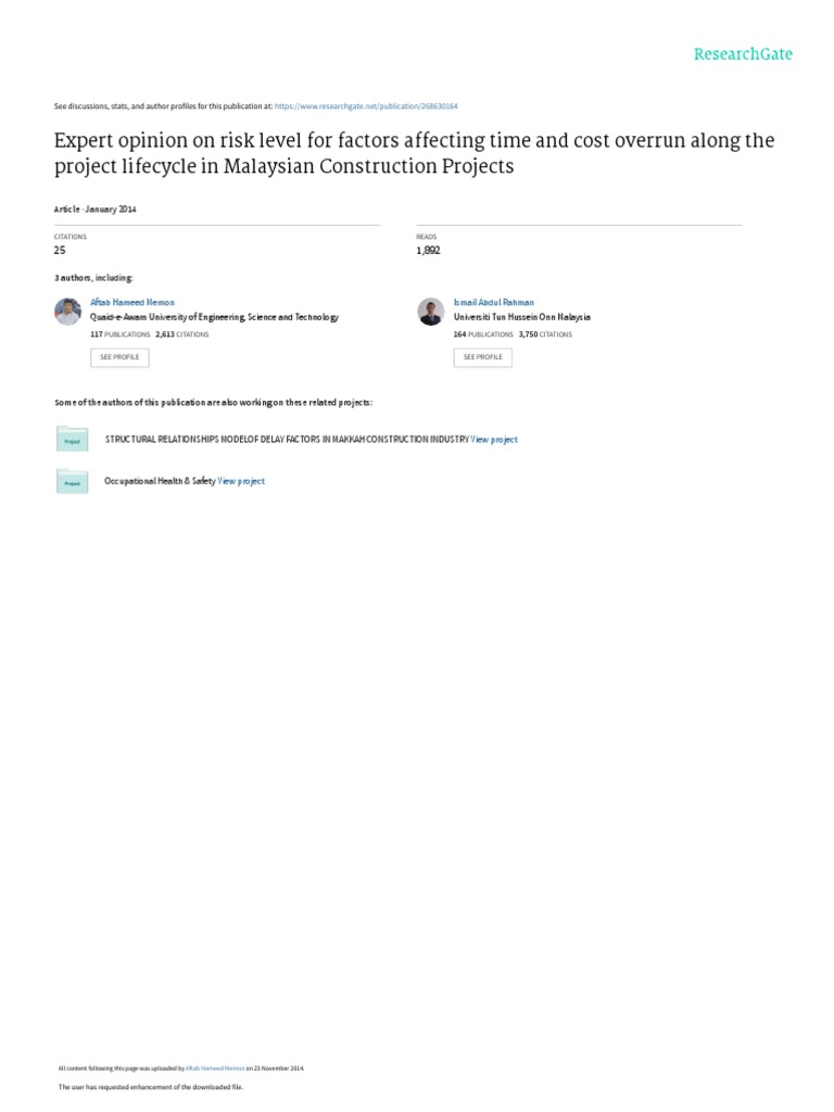 Expert Opinion On Risk Level For Factors Affecting Time and Cost