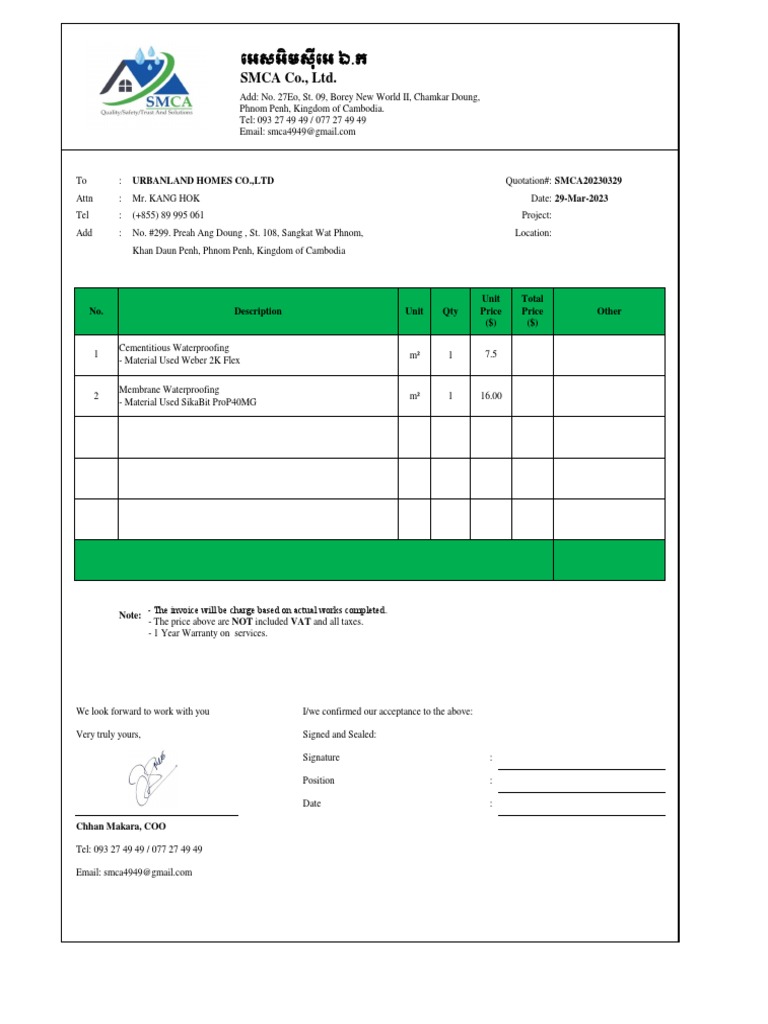 Waterproofing Quotation for Urbanland Homes | PDF