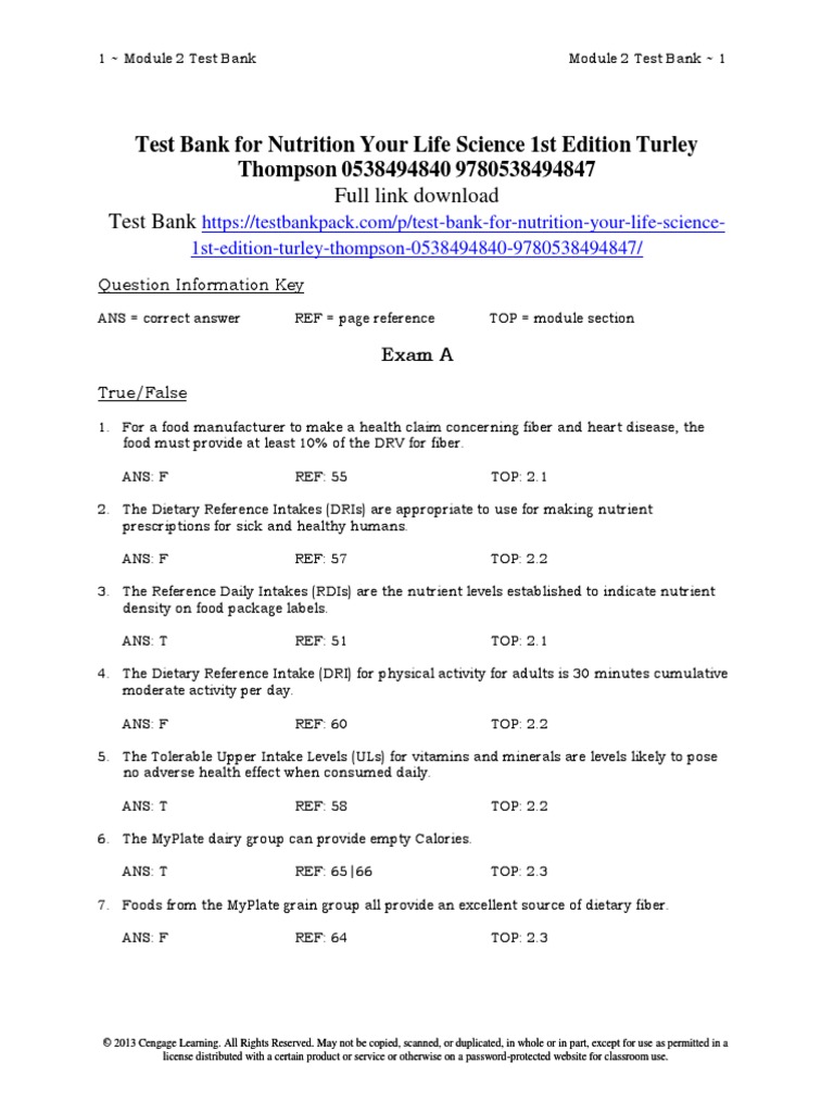 Nutrition Your Life Science 1st Edition Turley Thompson Test Bank PDF