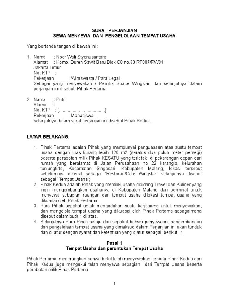 Draft Perjanjian Sewa Menyewa Dan Pengelolaan Tempat Usaha-Rev | PDF