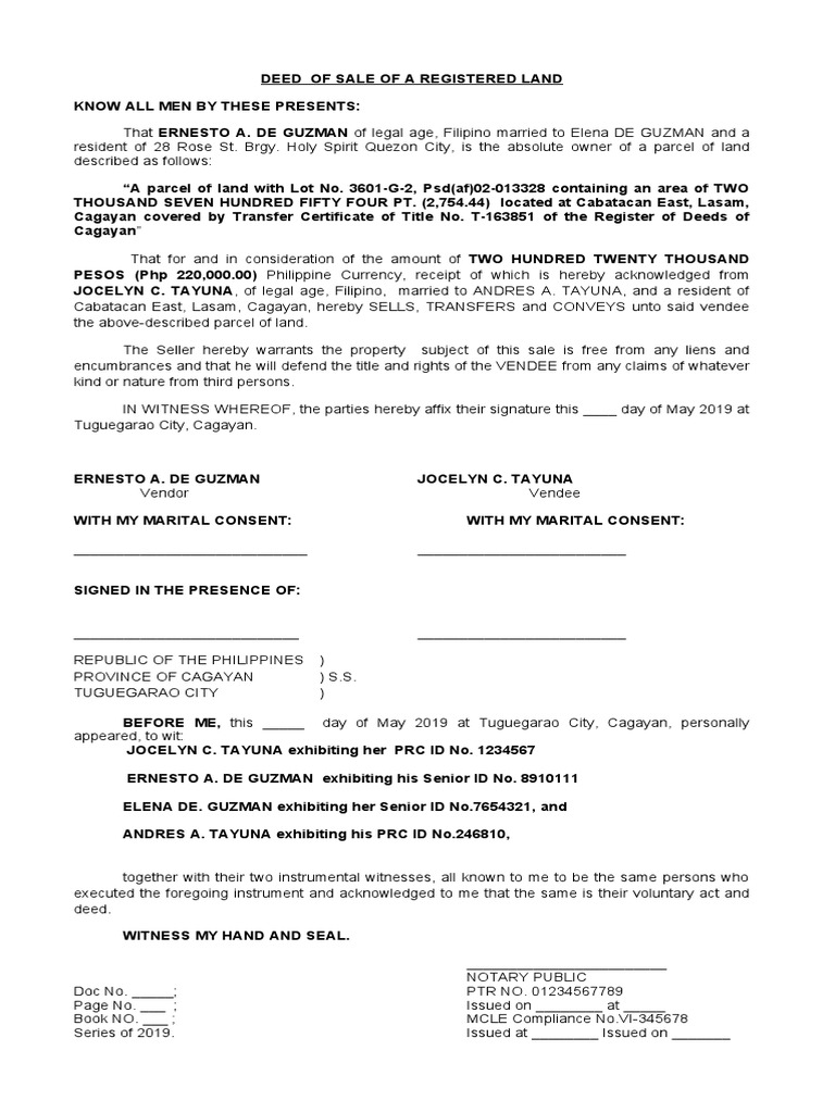 SAMPLE LEGAL Forms DEED OF SALE OF A REGISTERED LAND Download Free