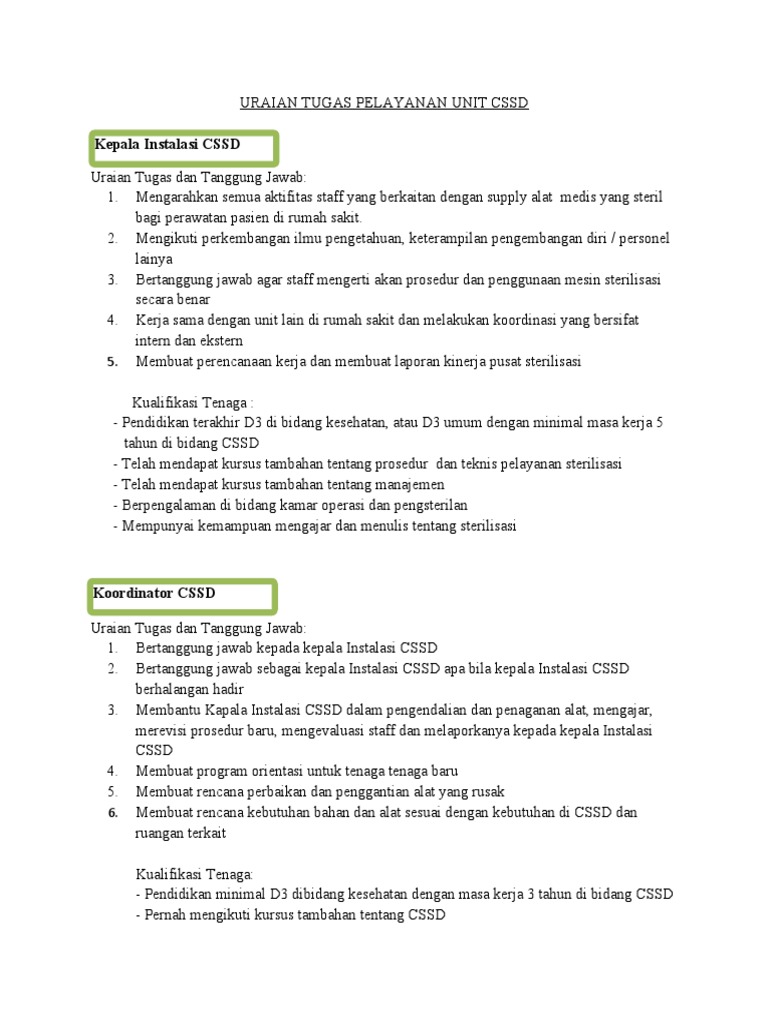 Tugas dan Kualifikasi Tenaga CSSD | PDF | Karier & Perkembangan | Bisnis