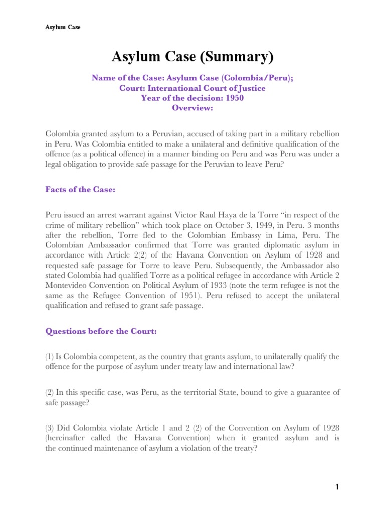 Asylum Case PDF Right Of Asylum International Law