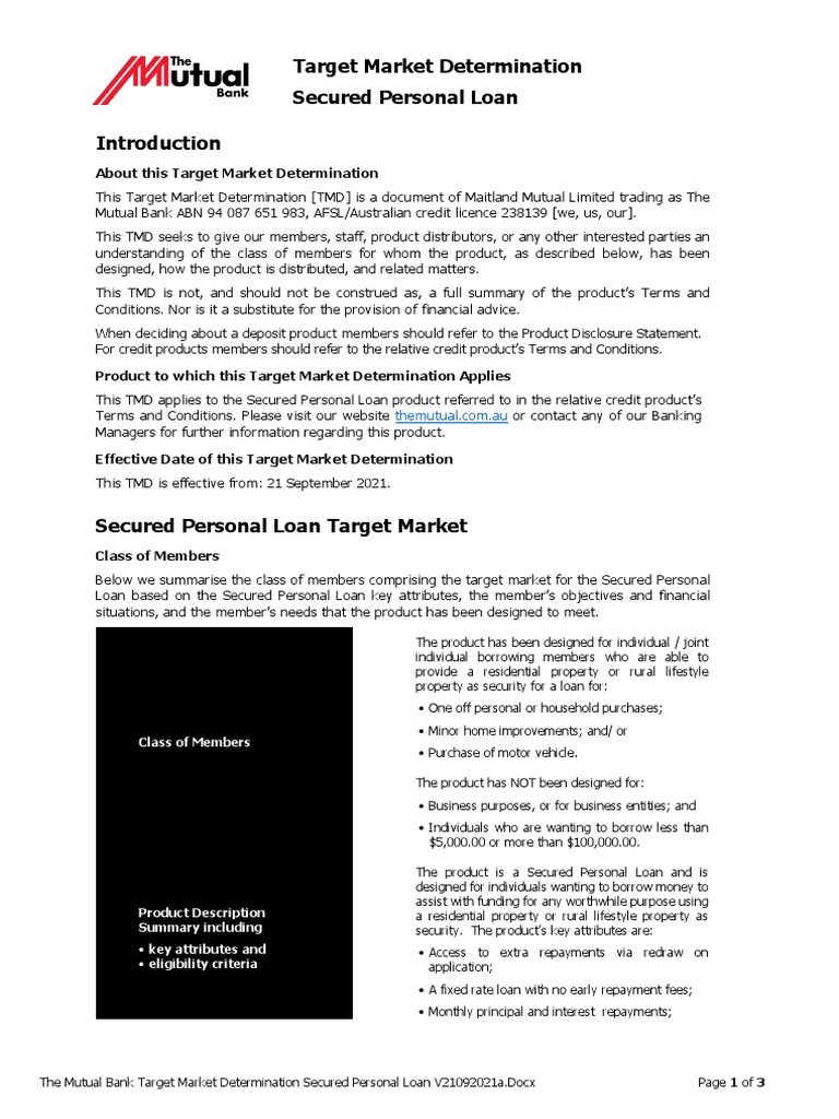 The Mutual Bank Target Market Determination Secured Personal Loan