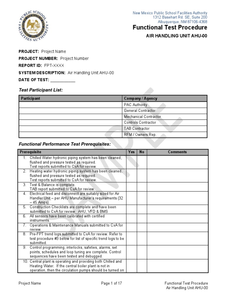 AHU-00 Functional Test Procedure | PDF | Duct (Flow) | Continuum Mechanics