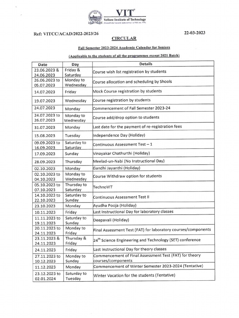 Academic Calendar - Fall Semester 2023-2024 Seniors (All Students