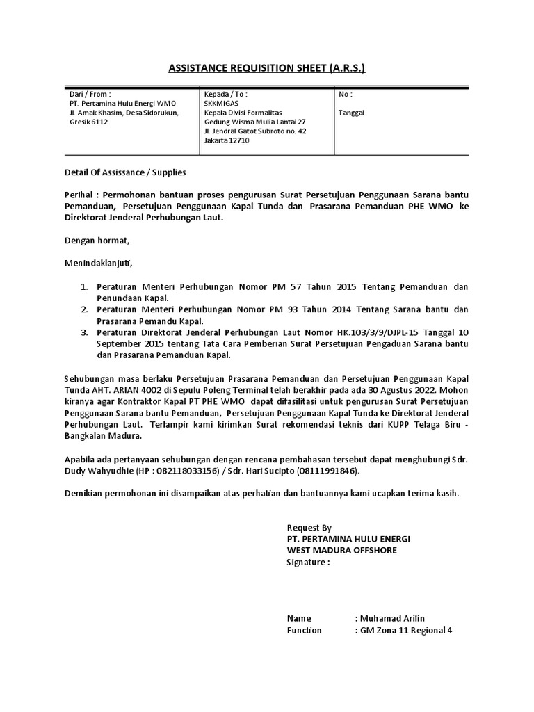 Assistance Requisition Sheet - Arian 4002 | PDF