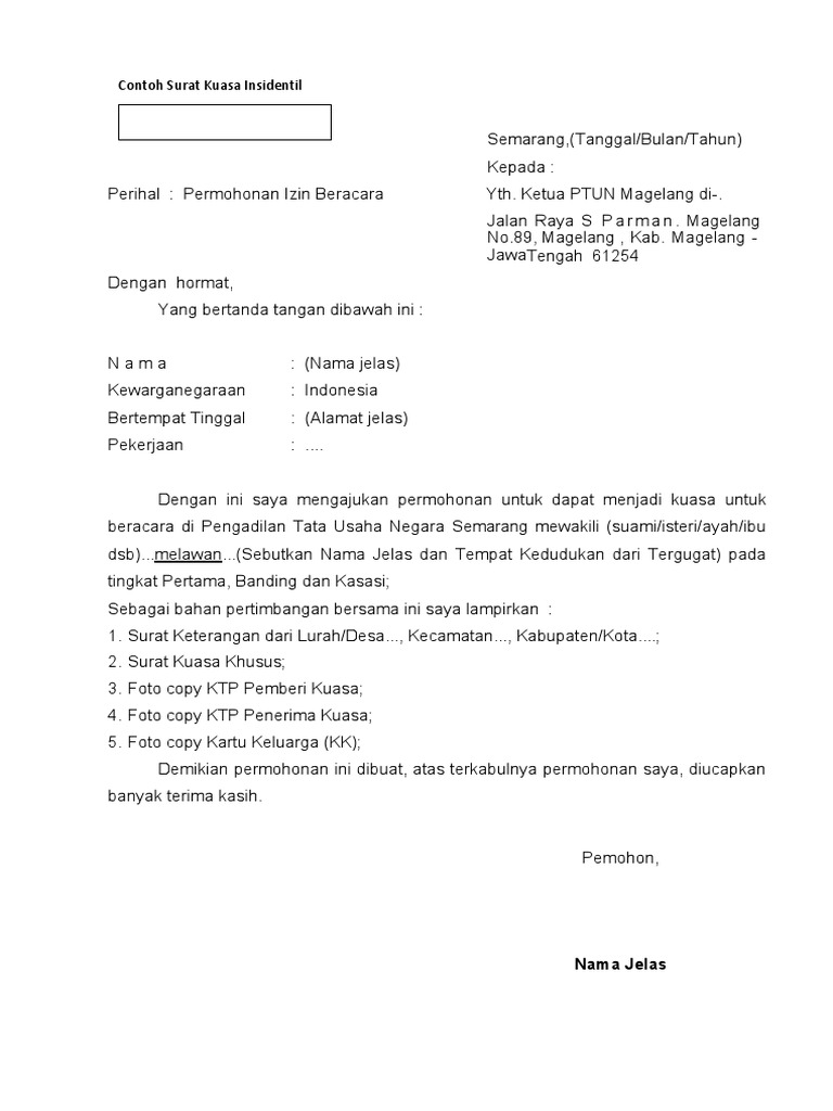 Contoh Surat Kuasa Insidentil Dan Surat Permohonan Izin Insidentil | PDF