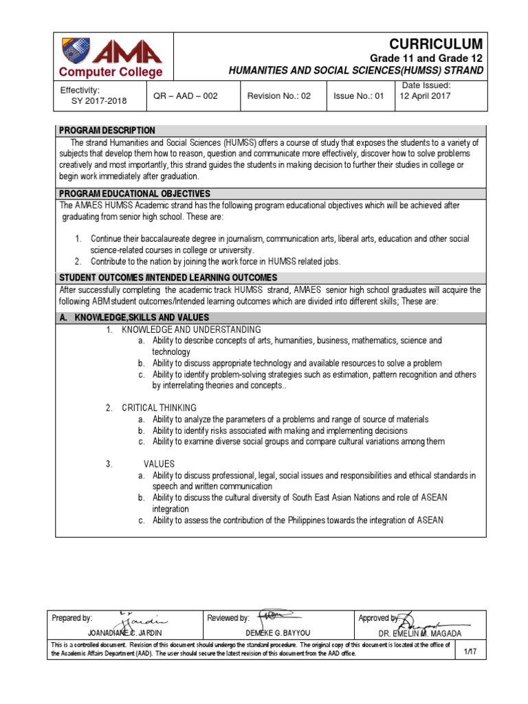 Amacc Grade 11 12 Humss - 2017 | PDF | Curriculum | Science