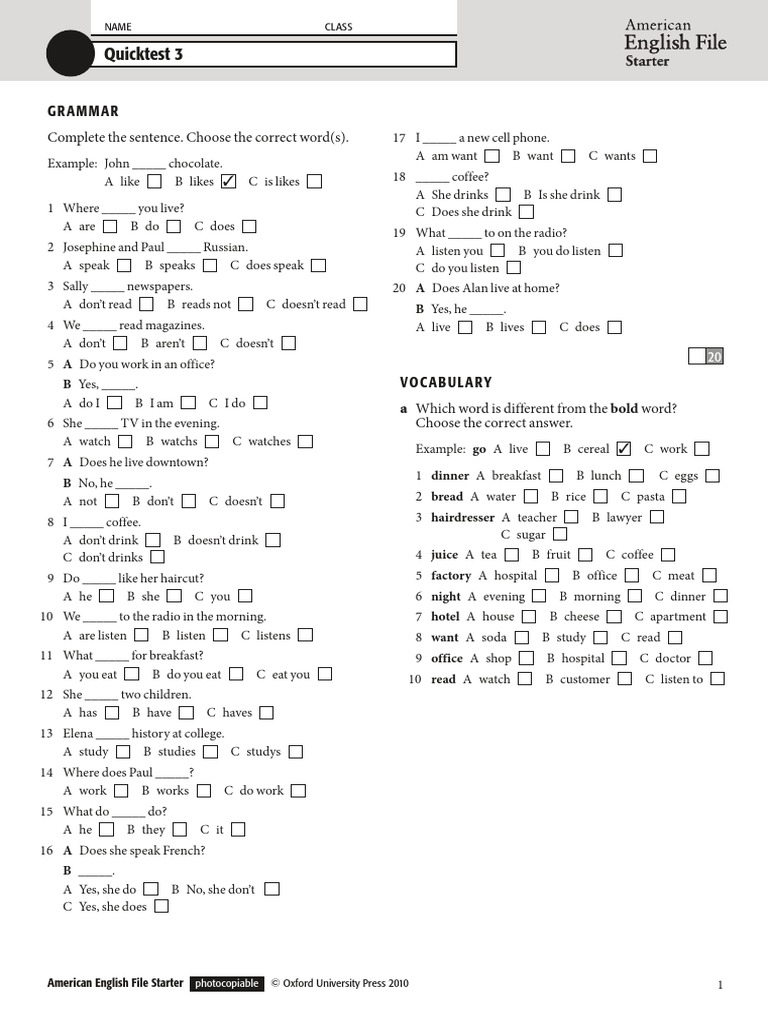 American English File Starter Test | PDF