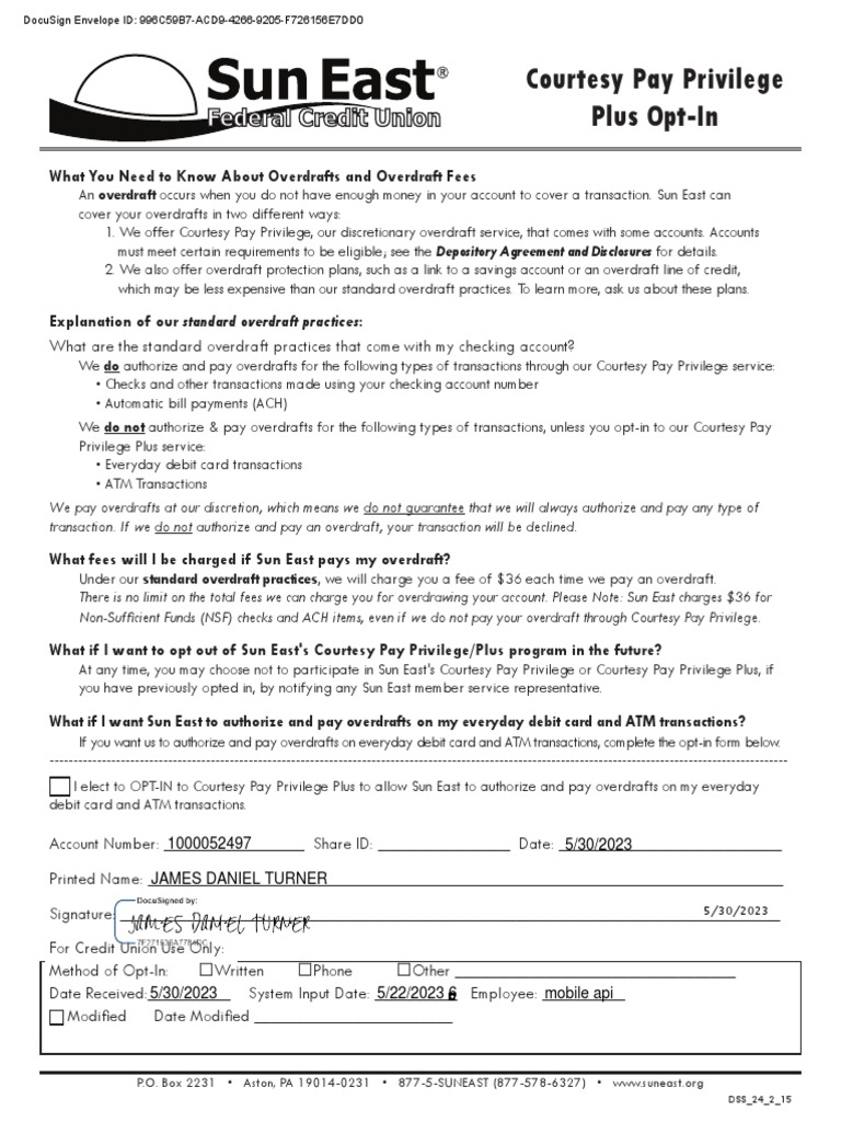 SUN EAST FEDERAL CREDIT UNION Document Updat PDF Overdraft Business