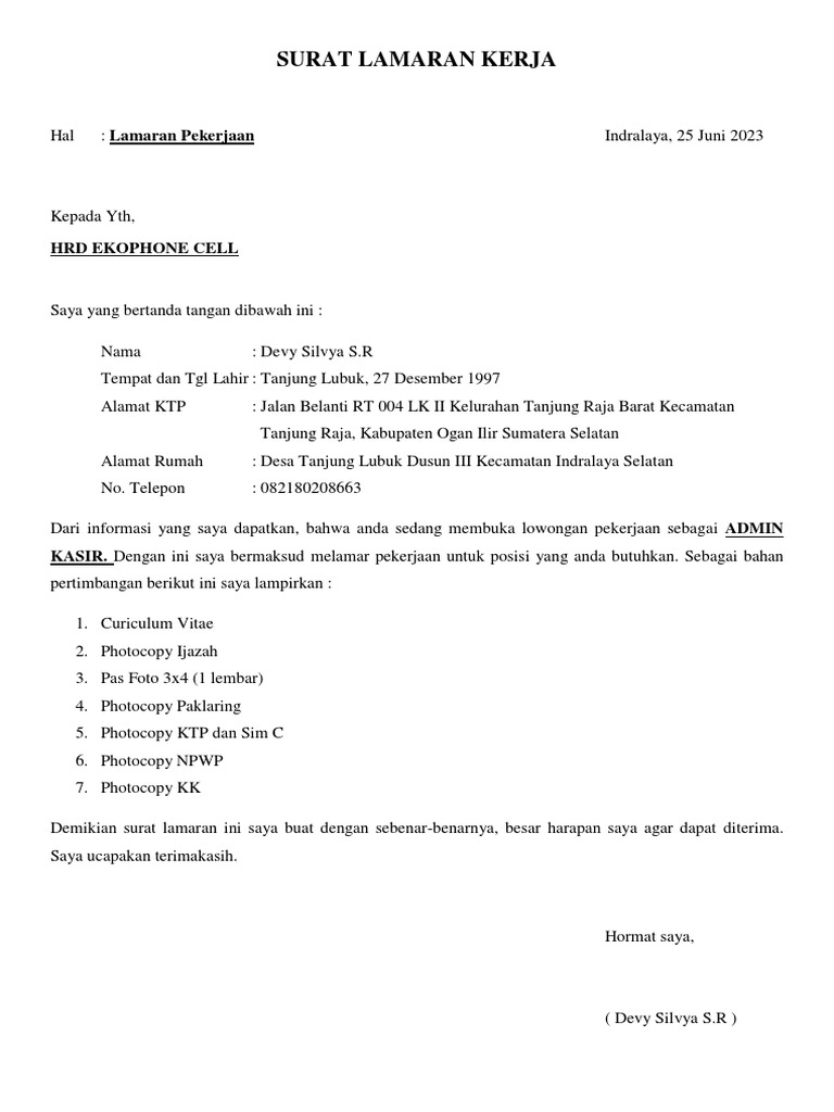 Surat Lamaran Kerja Devy Pt. Ekofone | PDF