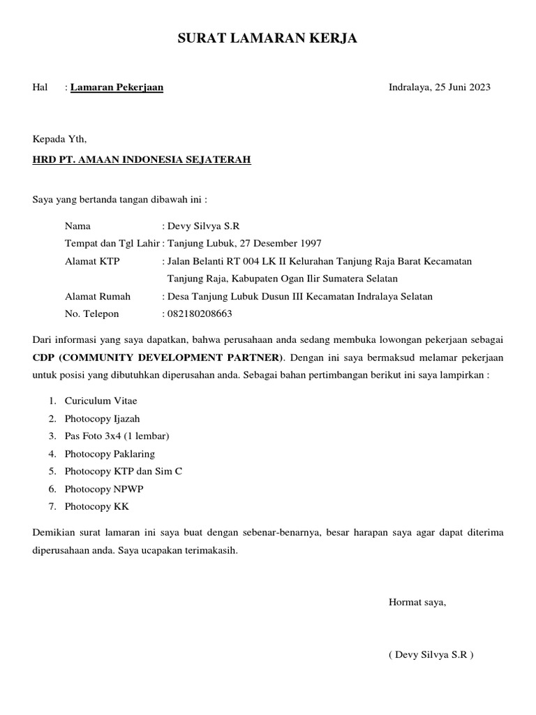 Surat Lamaran Kerja Devy Pt. Amaan | PDF