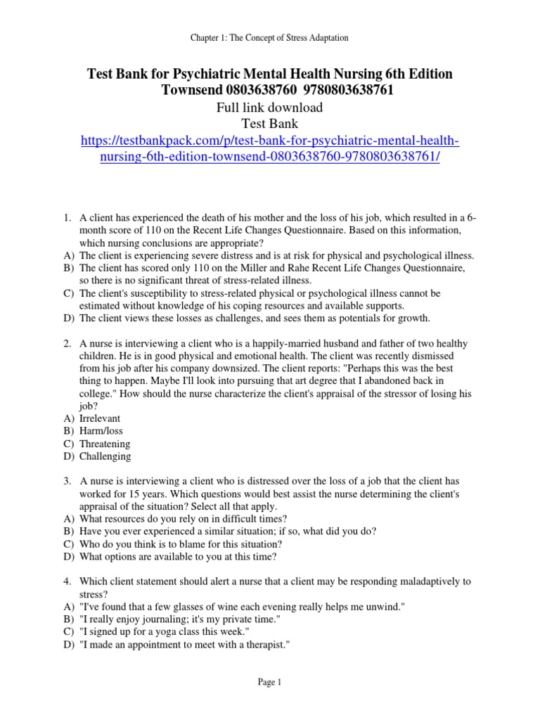 Psychiatric Mental Health Nursing 6th Edition Townsend Test Bank PDF