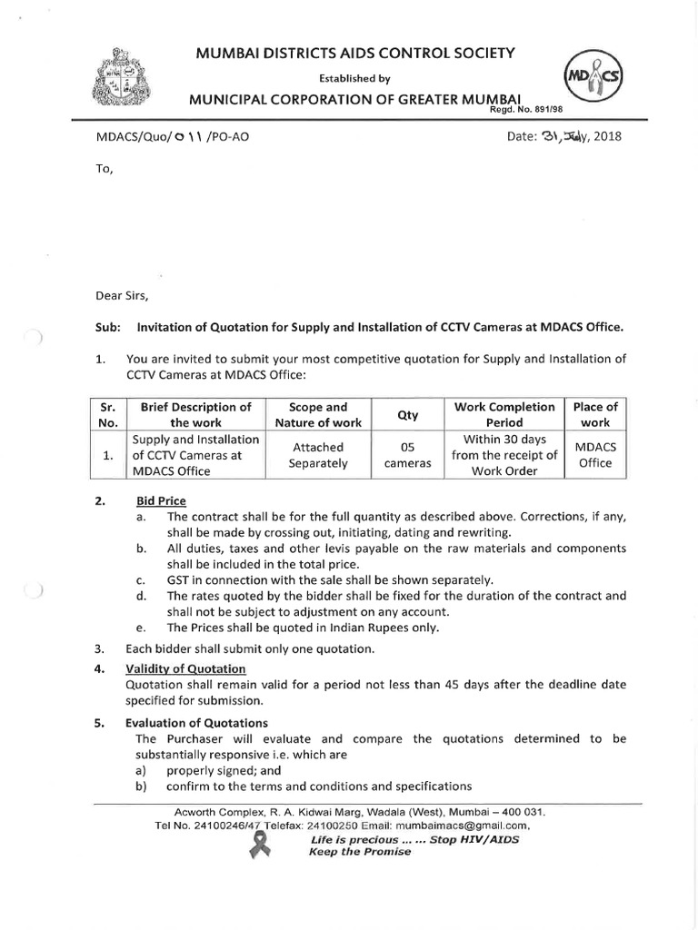 Invitation of Quotation For Supply and Installation of CCTV Cameras at