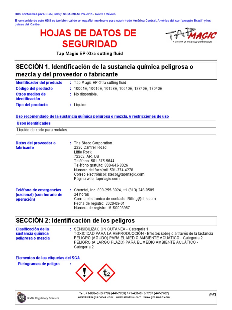 Tap Magic Ep Xtra Sds Mx V411spanish Mxpdf Pdf Solubilidad Agua