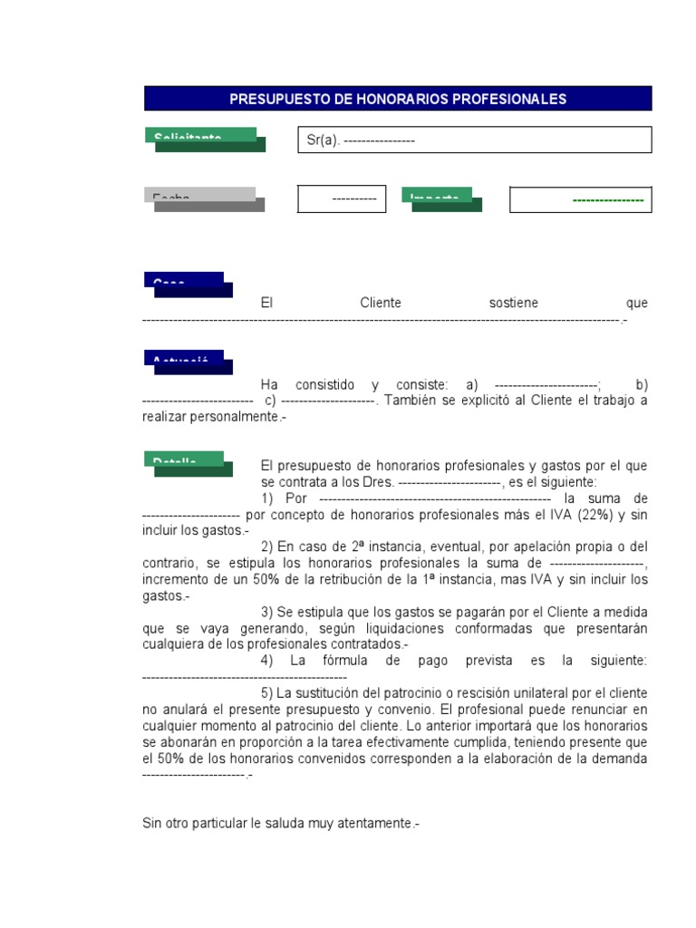 Presupuesto de Honorarios Profesionales | PDF | Finanzas y dinero ...
