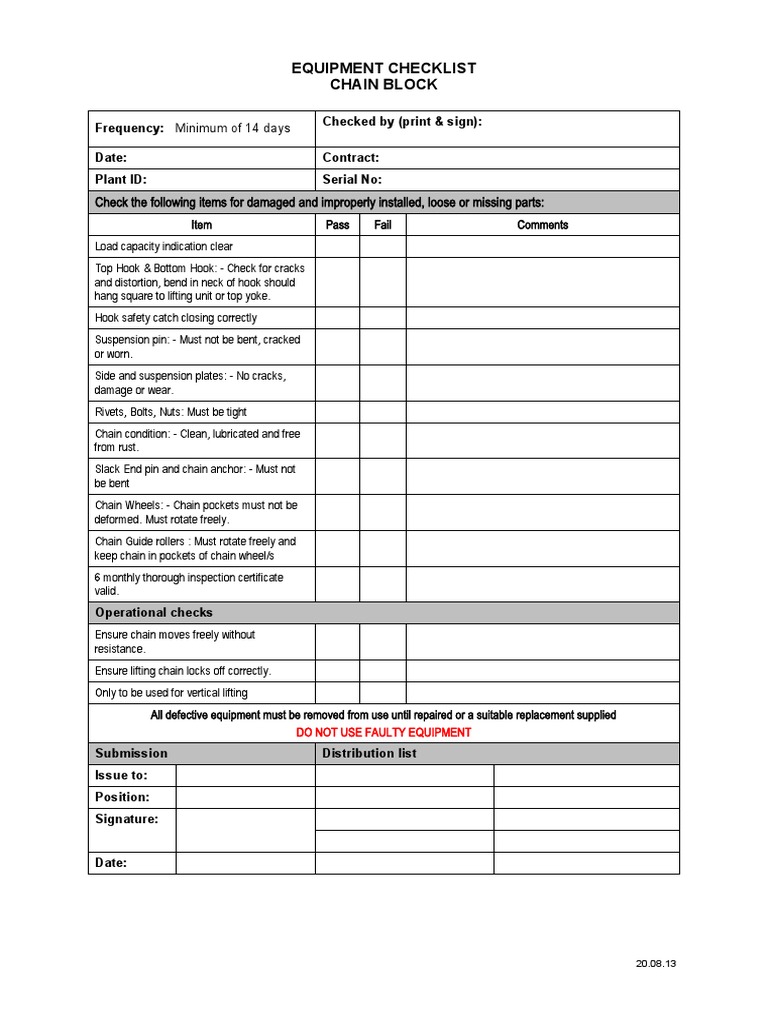 Chain Block Inspectioncheck Sheet PDF