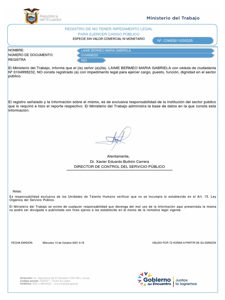 Certificado No Impedimento Gaby | PDF