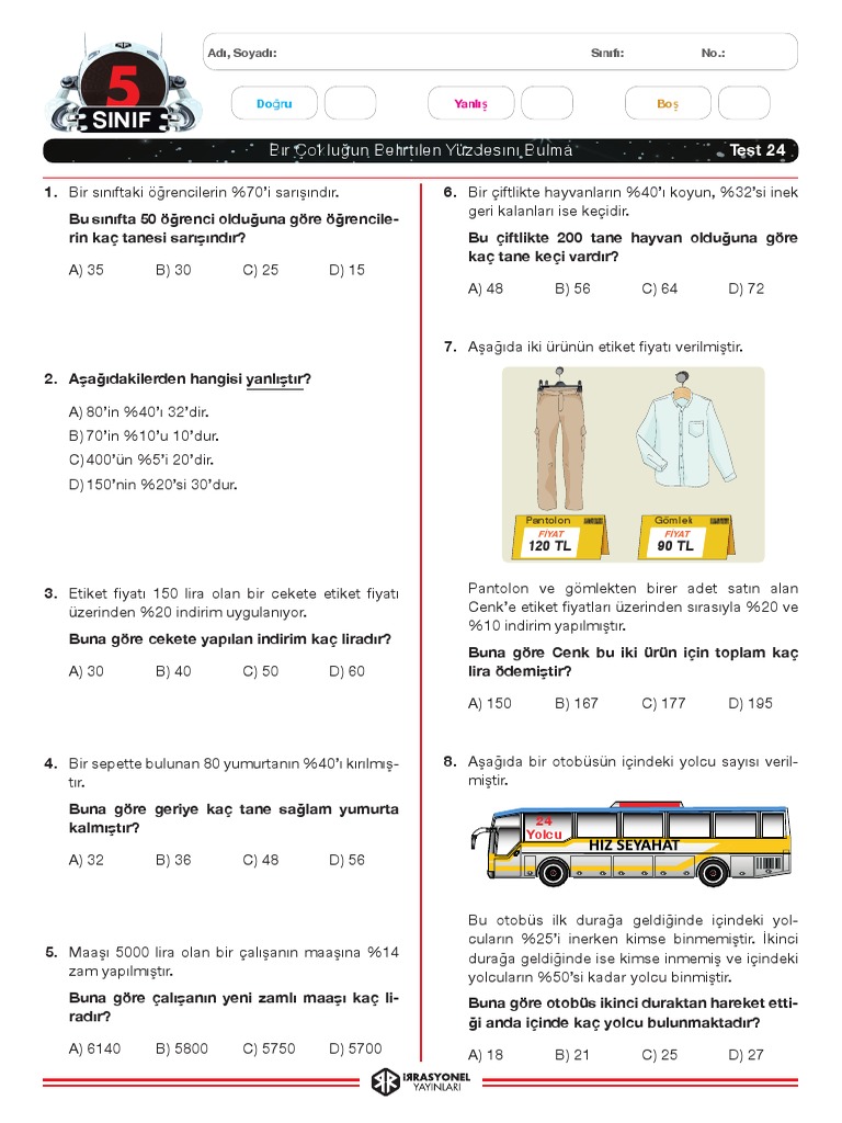 TEST 24 - Bir Çokluğun Belirtilen Yüzdesini Bulma | PDF