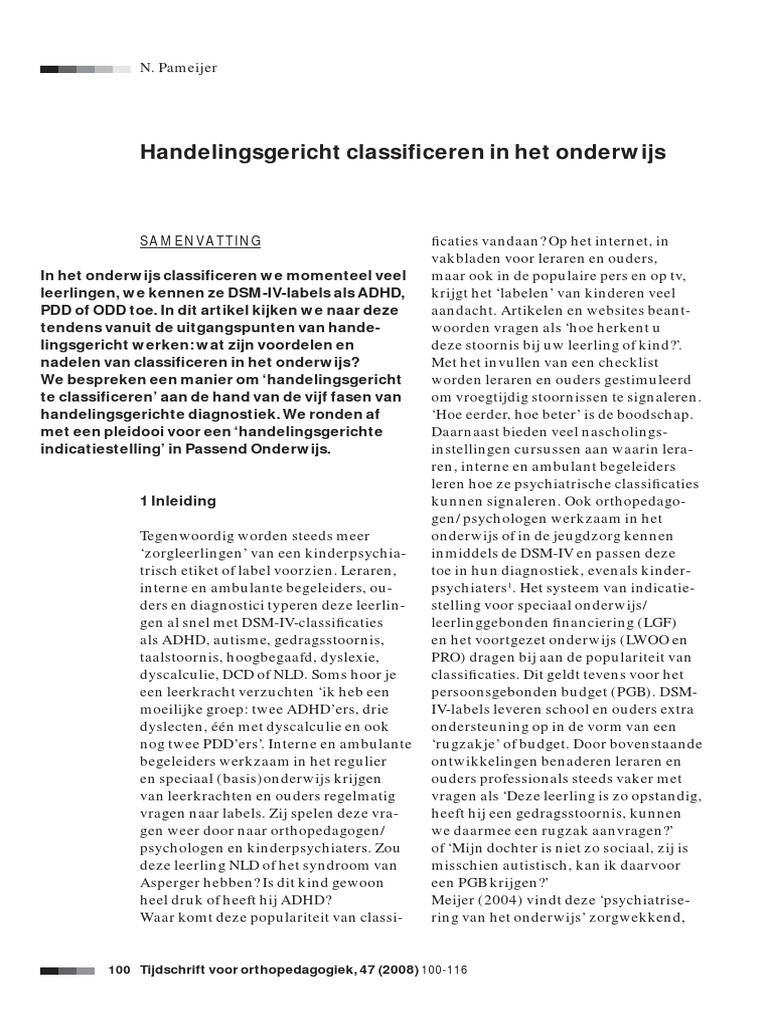 2.2 Handelingsgericht Classificeren in Het Onderwijs (Pameijer, 2008) | PDF
