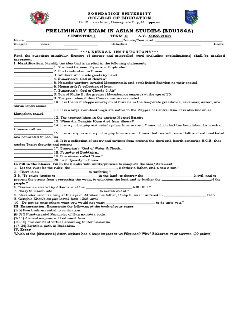 Preliminary Exam in Asian Studies | PDF