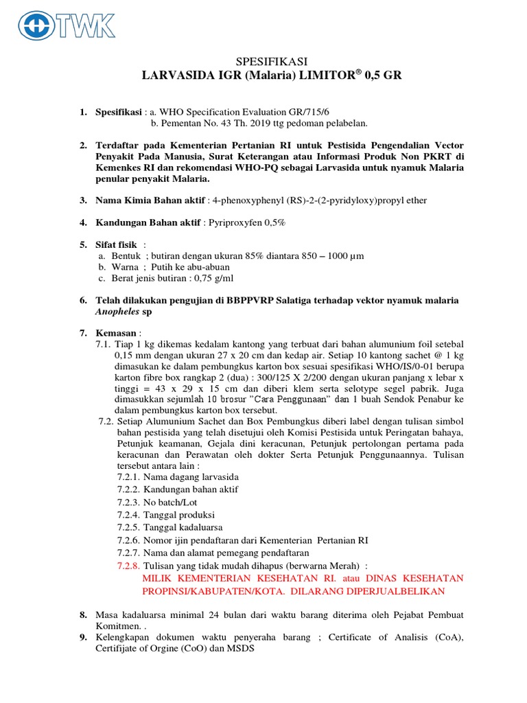 Specifikasi Larvasida IGR Malaria - LIMITOR 0,5 GR | PDF