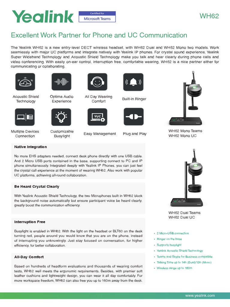 Yealink WH62 Datasheet V1.043 | PDF