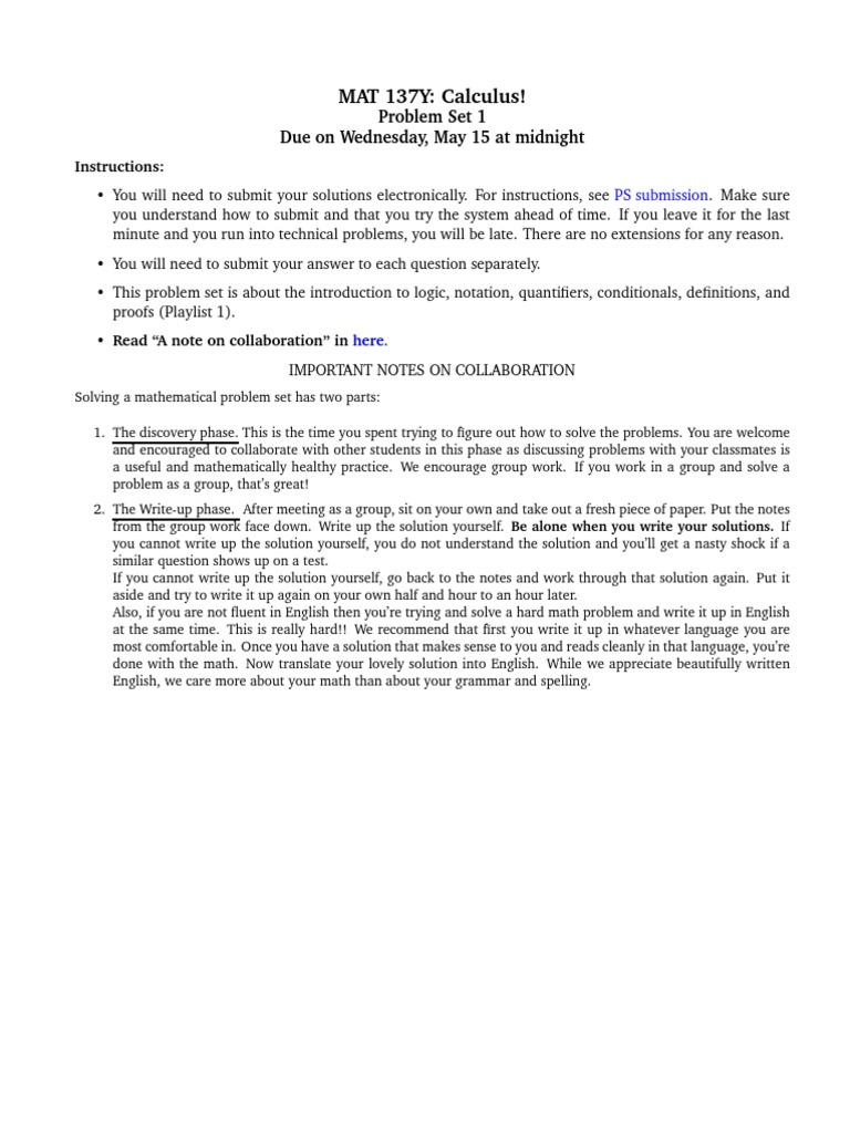 PS1 MAT137 Summer 2019-1 | PDF
