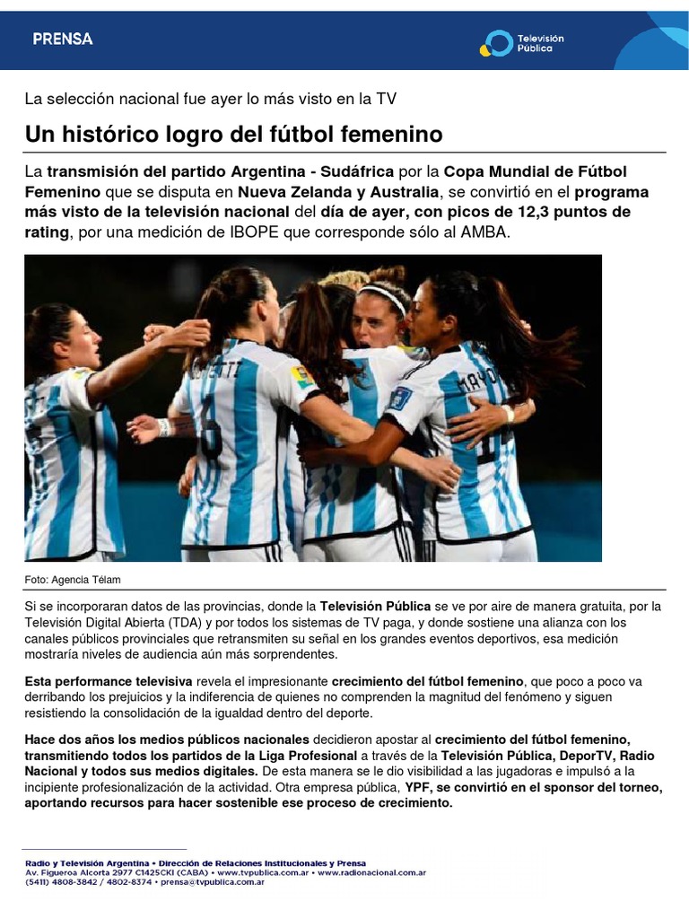 El Logro Histórico Del Del Fútbol Femenino en TV Pública | PDF ...