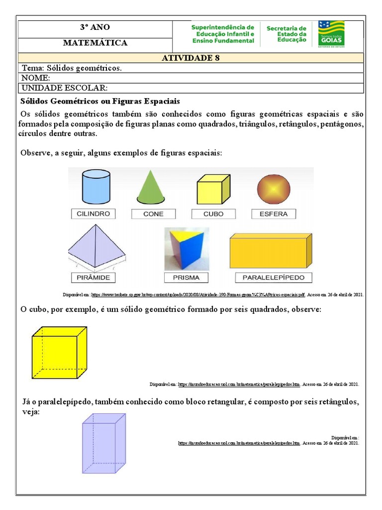 Atividades de Sólidos Geométricos 3º Ano | PDF | Geometria | Triângulo