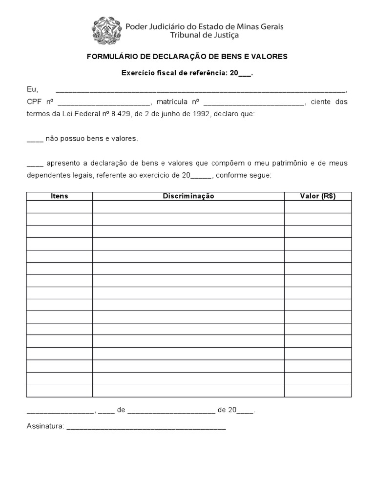 Modelo de Declaração de Bens e Valores | PDF
