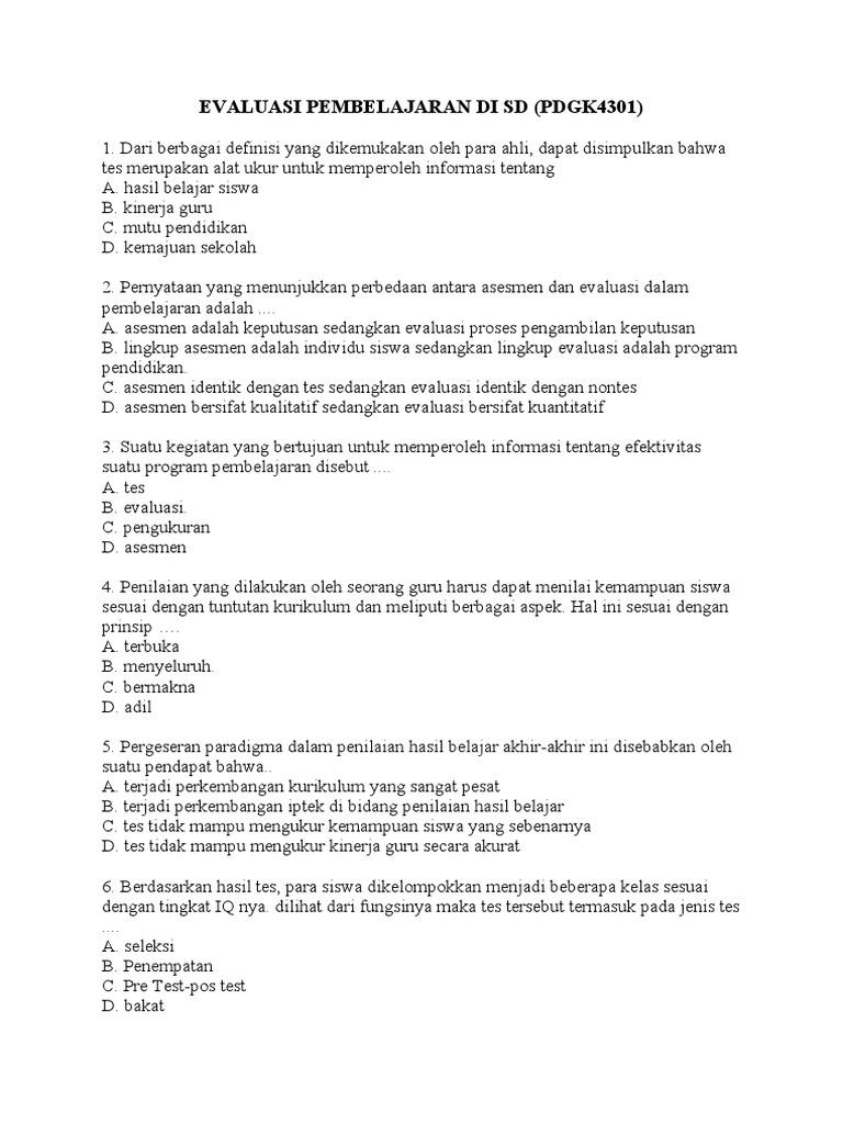 Soal Evaluasi Pembelajaran Di SD | PDF