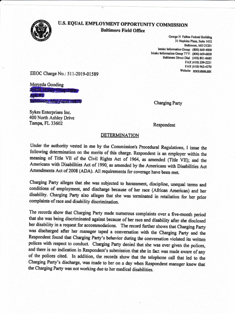 Merceda Gooding Vs Sykes Enterprise, LLC Case 8:20 - cv-03292 | PDF