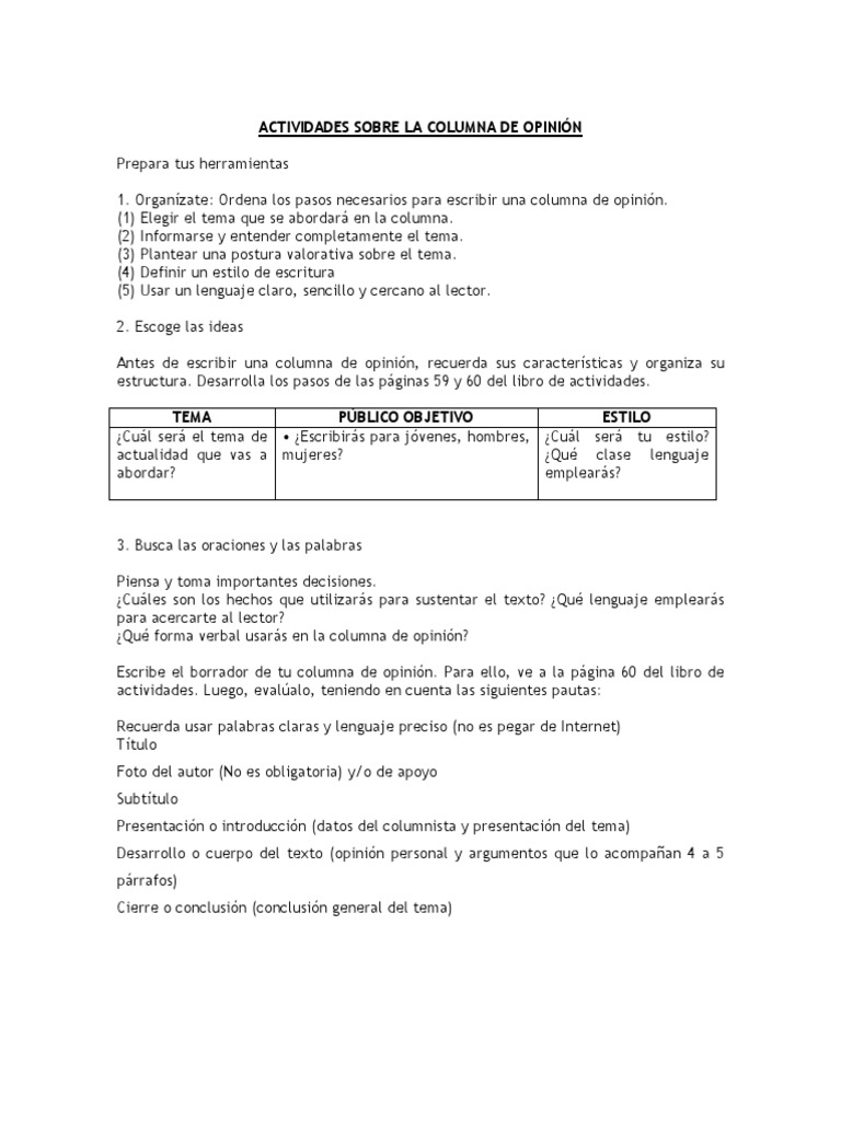 Actividades Sobre La Columna de Opinión 11 | PDF