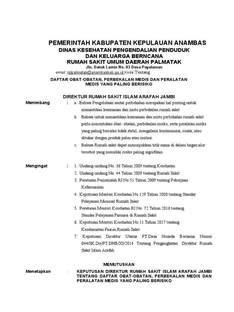 SK Tentang Tentang Daftar Obat Obatan Perbekalan Medis Dan Peralatan