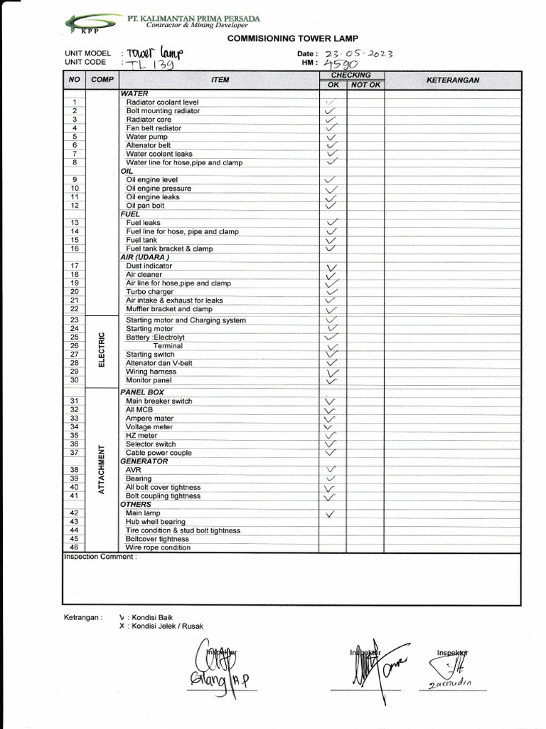 Commissioning Tower Lamp Inspection Report | PDF