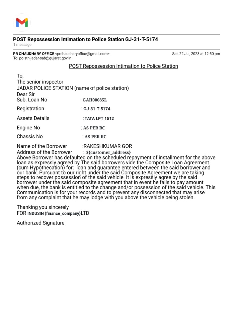Gmail - POST Repossession Intimation To Police Station GJ-31-T-5174 ...