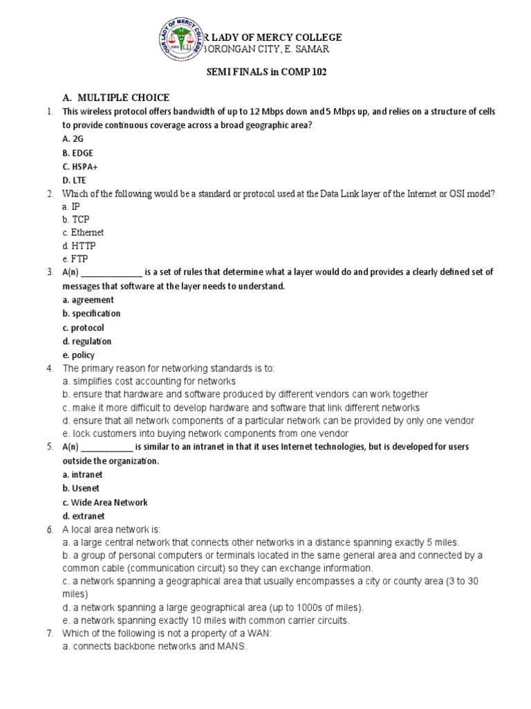 COMP 102 Networking Standards Exam | PDF | Computer Network | Internet ...