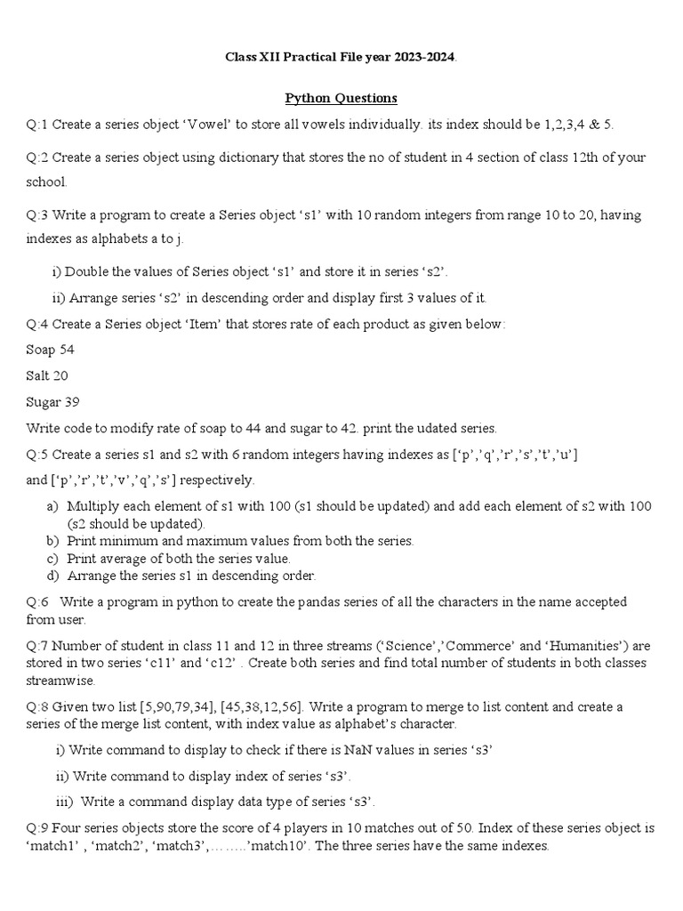 Class XII Practical File Questions of Python Pandas and Matplotlib | PDF