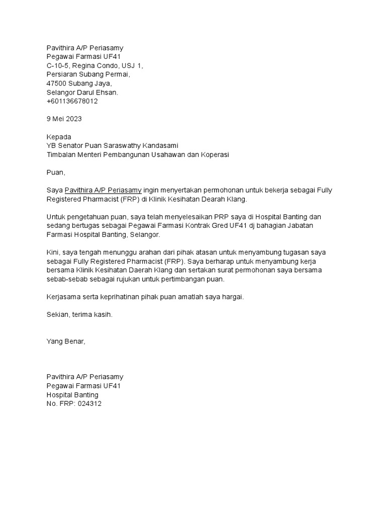 Cover Letter Pavithira | PDF | Sains & Matematika