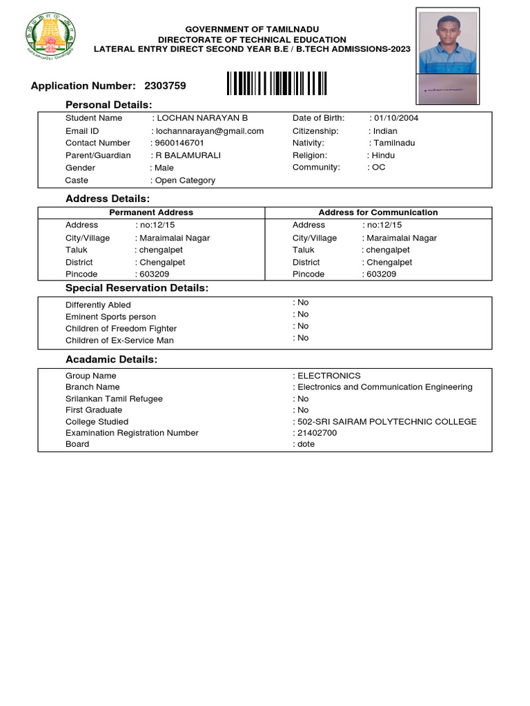 Tamil Nadu B.E/B.Tech Lateral Entry 2023 | PDF