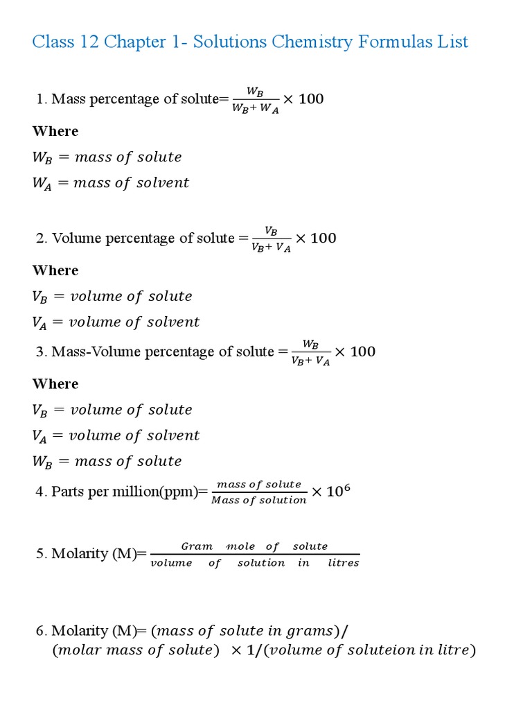 Solutions Chemistry Formulas Guide | PDF | Molar Concentration | Chemistry