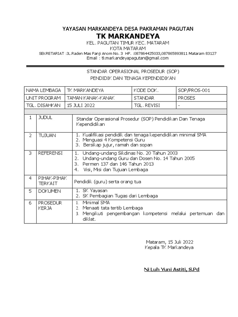 Standar 6 SOP Kompetensi Pendidik Dan Tenaga Kependidikan | PDF