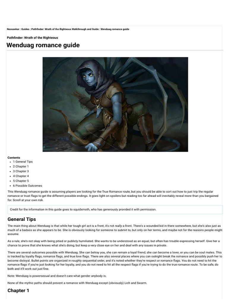 Wenduag Romance Guide Pathfinder Wrath of The Righteous Neoseeker PDF