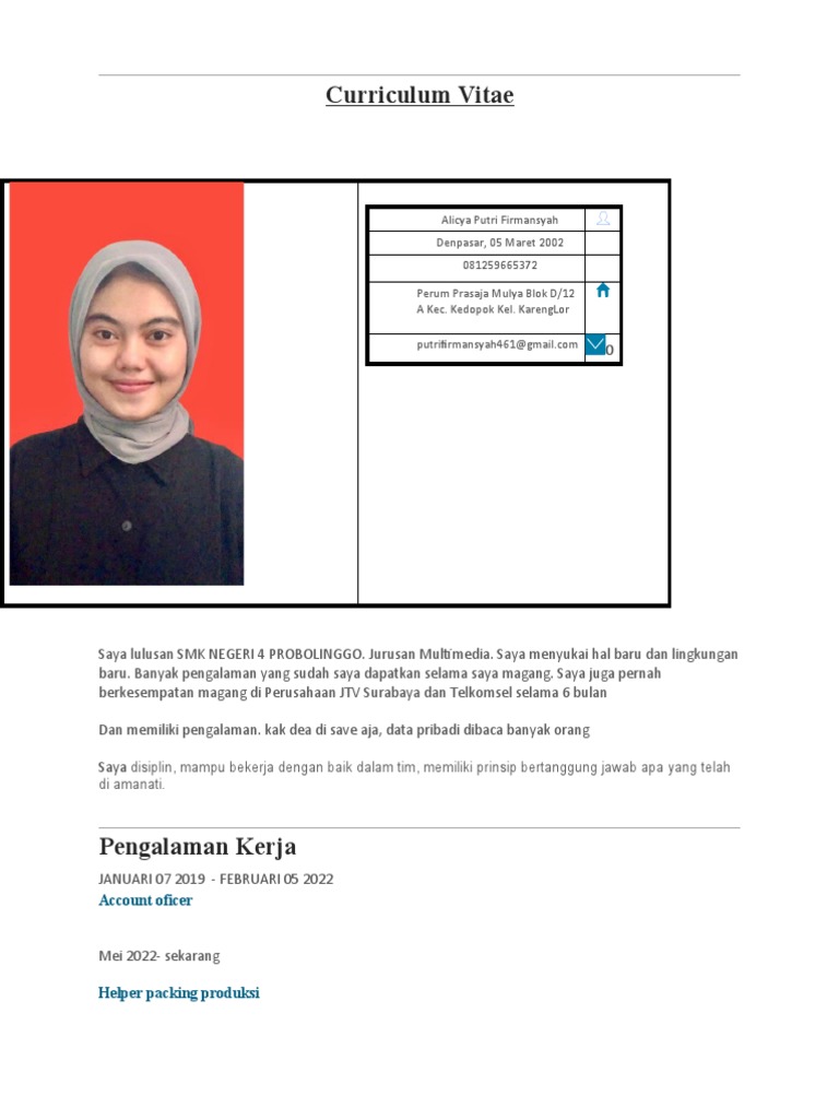CV Alicya Putri Firmansyah - Lulusan Multimedia | PDF