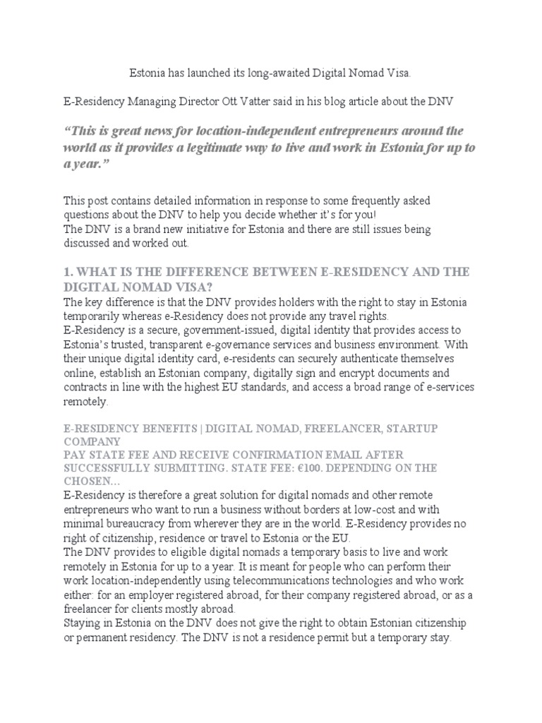 E-Residency Estonia Digital Nomad Visa Application Process For Entrepreneurs preview