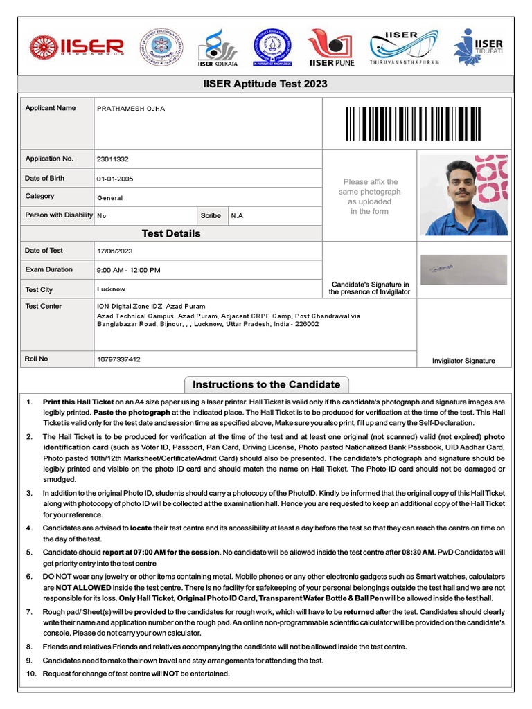 IISER 2023 Hall Ticket Instructions | PDF
