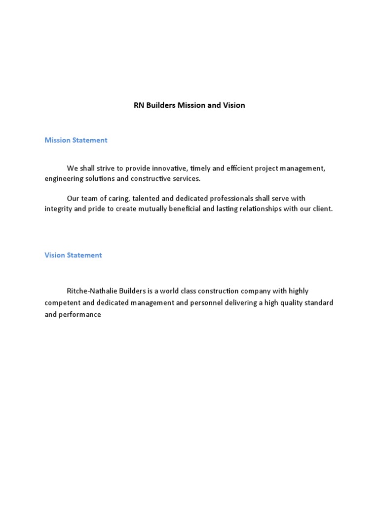 Rn builders mission and vision download free pdf project management