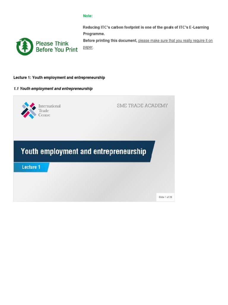 Lecture 1 - Youth Employment and Entrepreneurship | PDF